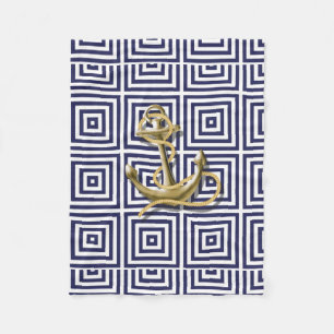 Navy Blue greek pattern preppy nautical Anchor Fleece Blanket