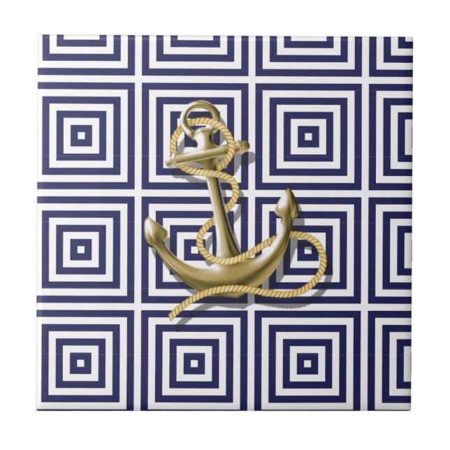 Navy Blue greek pattern preppy nautical Anchor Tile (Front)