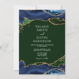 Navy Blue & Green Agate Wedding Invitation