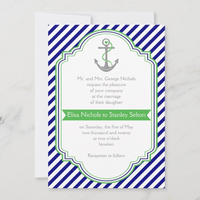 Navy blue, green anchor & stripes nautical wedding invitation (Front)