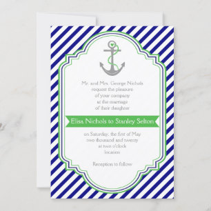 Navy blue, green anchor & stripes nautical wedding invitation