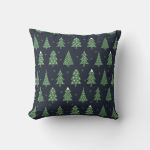 Navy Blue Green and White Festive Christmas Trees Cushion
