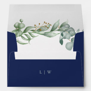 Navy Blue Green Eucalyptus Greenery Wedding Envelope