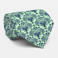 Navy Blue & Green Floral Damasks Pattern Neck Tie