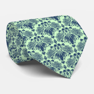 Navy Blue & Green Floral Damasks Pattern Neck Tie