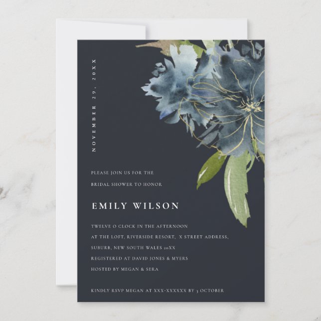 NAVY BLUE GREEN GOLD FLORAL BRIDAL SHOWER INVITE (Front)