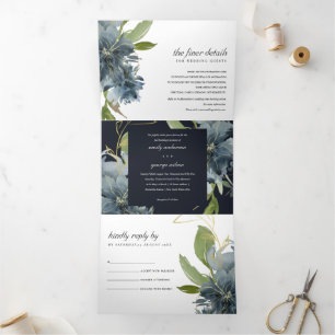 NAVY BLUE GREEN GOLD FLORAL WATERCOLOR WEDDING Tri-Fold INVITATION