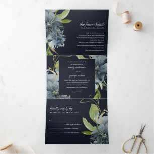 NAVY BLUE GREEN GOLD FLORAL WATERCOLOR WEDDING Tri-Fold INVITATION