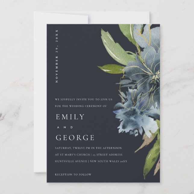 NAVY BLUE GREEN GOLD FLORAL WEDDING INVITE (Front)