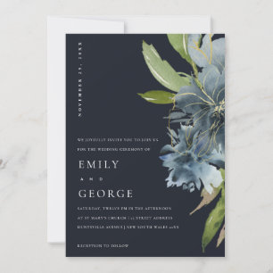 NAVY BLUE GREEN GOLD FLORAL WEDDING INVITE