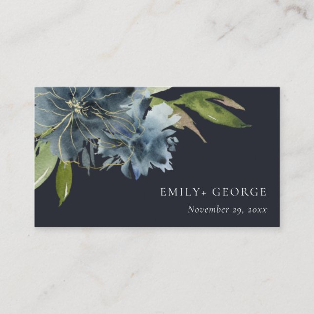 NAVY BLUE GREEN GOLD FLORAL WEDDING WEBSITE BUSINESS CARD (Front)