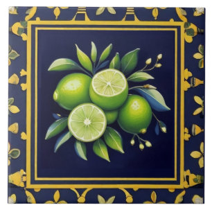 Navy Blue & Green Limes Citrus Fruit Mediterranean Tile