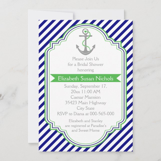 Navy blue, green nautical wedding bridal shower invitation (Front)