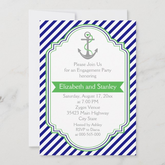 Navy blue, green nautical wedding engagement party invitation (Front)