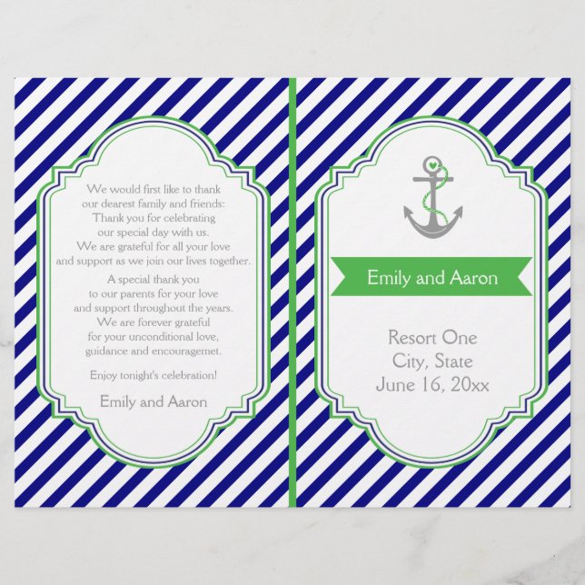 Navy blue, green nautical wedding program (Front)