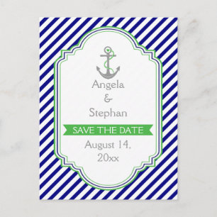 Navy blue, green nautical wedding Save the Date Announcement Postcard