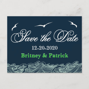 Navy Blue & Green Nautical Wedding Save the Dates Announcement Postcard