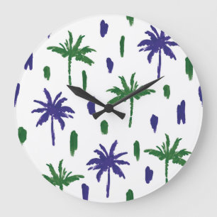 Navy Blue Green Palm Pattern Large Clock