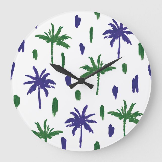 Navy Blue Green Palm Pattern Large Clock (Front)