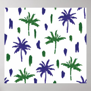 Navy Blue Green Palm Pattern Poster