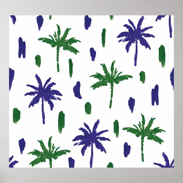 Navy Blue Green Palm Pattern Poster (Front)