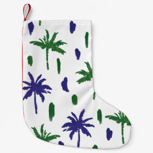 Navy Blue Green Palm Pattern Small Christmas Stocking