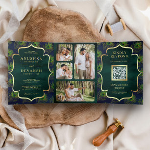 Navy Blue Green Peacock Feathers QR Code Wedding Tri-Fold Invitation