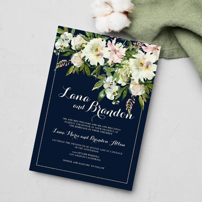 Navy blue green pink white floral country wedding invitation (Navy blue green pink white floral country wedding )