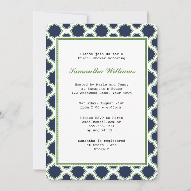 Navy Blue & Green Quatrefoil Pattern Bridal Shower Invitation (Front)