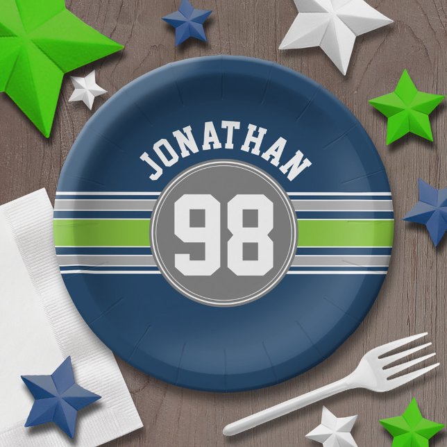 Navy blue Green Sports Jersey Stripes Name Number Paper Plate (Personalized party plates - sports theme for birthday or any occasion)