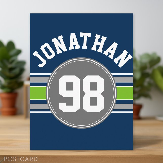 Navy blue Green Sports Jersey Stripes Name Number Postcard (Custom Postcard)