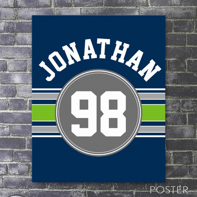 Navy blue Green Sports Jersey Stripes Name Number Poster (Custom Sporty Poster)