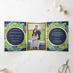 Navy Blue Green Succulent Wreath Photo Wedding Tri-Fold Invitation