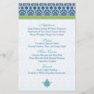 Navy Blue Green Teal Damask Menu Card