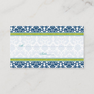 Navy Blue Green Teal Damask Wedding Place Cards