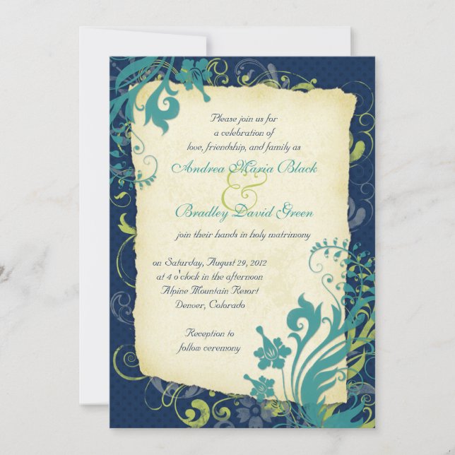 Navy Blue Green Teal Floral Wedding Invitation (Front)
