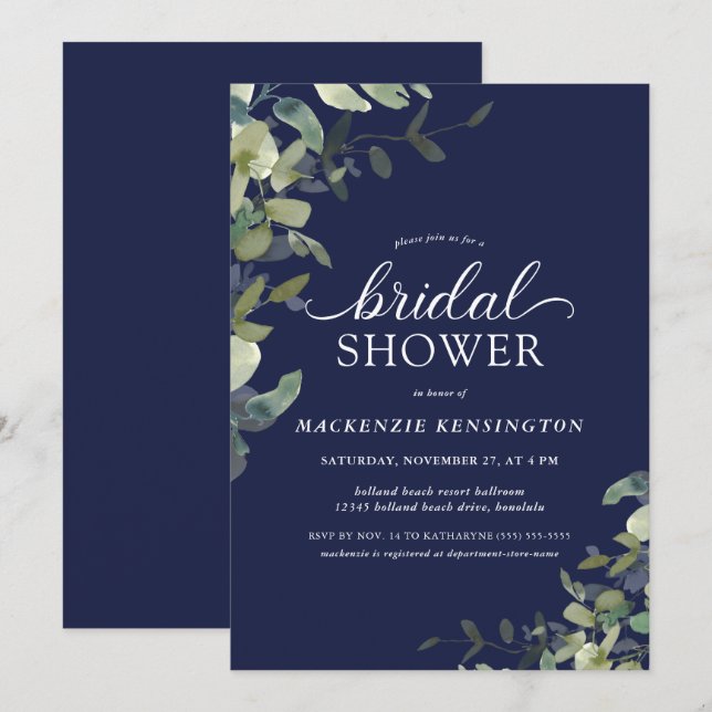 Navy Blue Greenery Botanical Bridal Shower  Invitation (Front/Back)