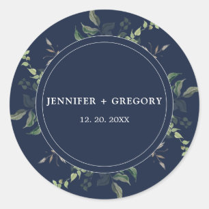 Navy Blue Greenery Botanical Watercolor Wedding Classic Round Sticker