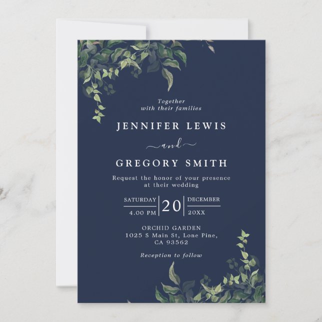 Navy Blue Greenery Botanical Watercolor Wedding Invitation (Front)