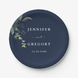 Navy Blue Greenery Botanical Watercolor Wedding Paper Plate