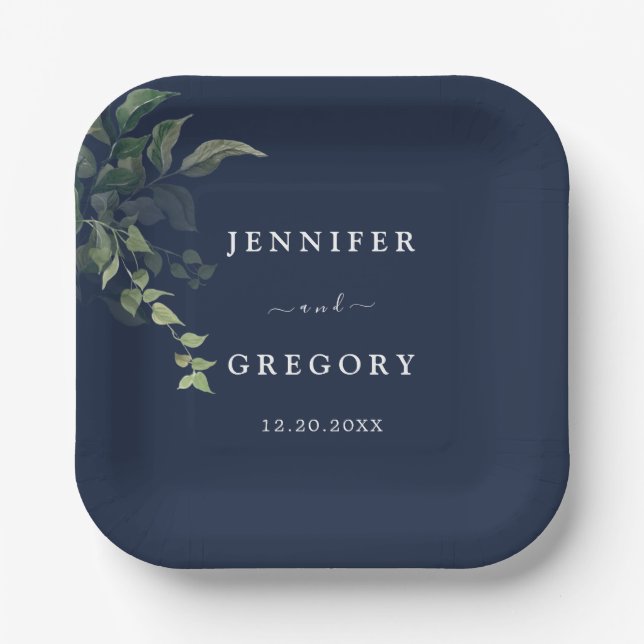 Navy Blue Greenery Botanical Watercolor Wedding Paper Plate (Front)