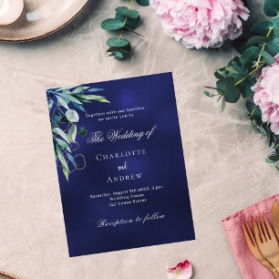 Navy blue greenery budget wedding invitation