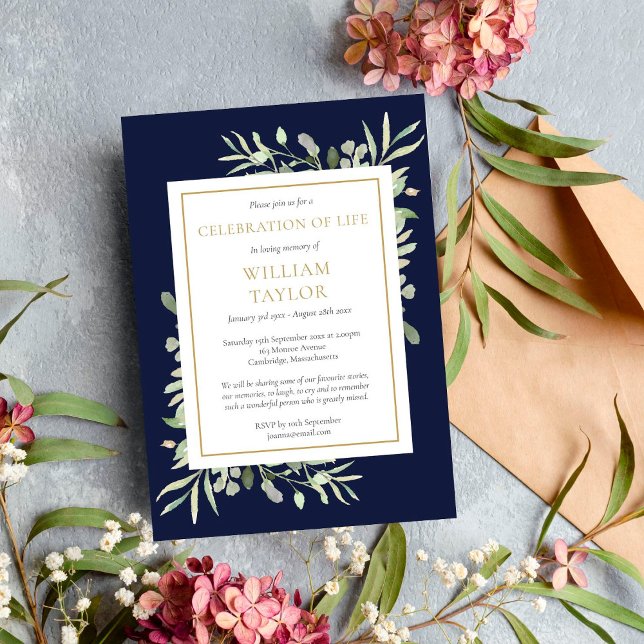 Navy Blue Greenery Celebration of Life Invitation (Creator Uploaded)