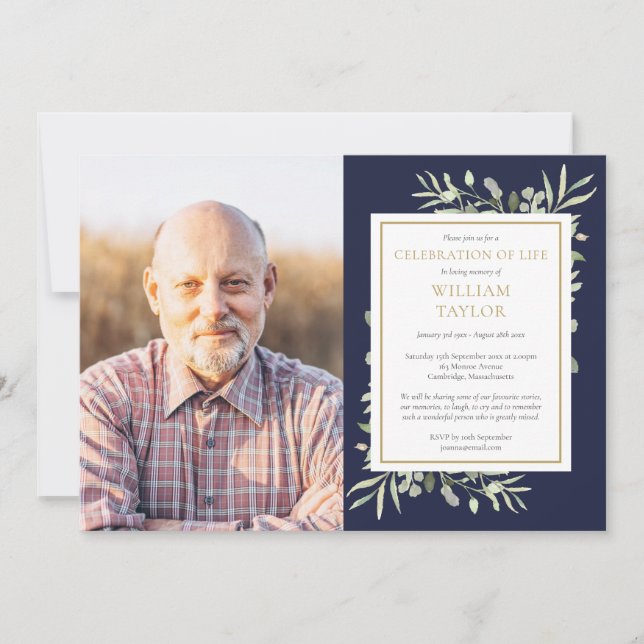 Navy Blue Greenery Celebration of Life Photo Invitation (Front)