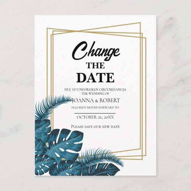 Navy blue greenery change the date postcard (Front)