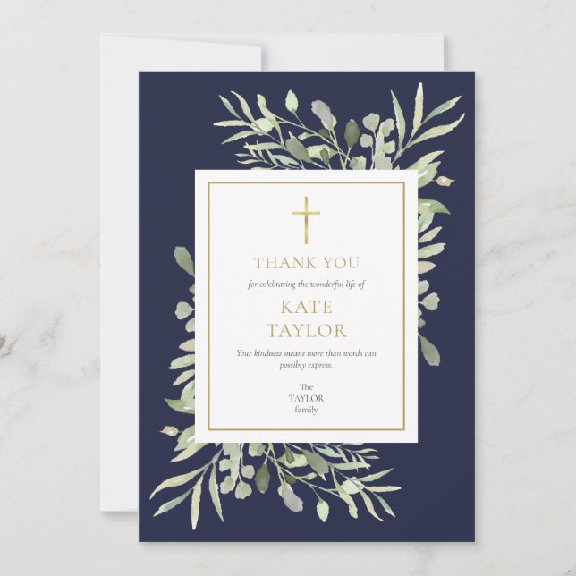 Navy Blue Greenery Christian Funeral Memorial Thank You Card (Front)