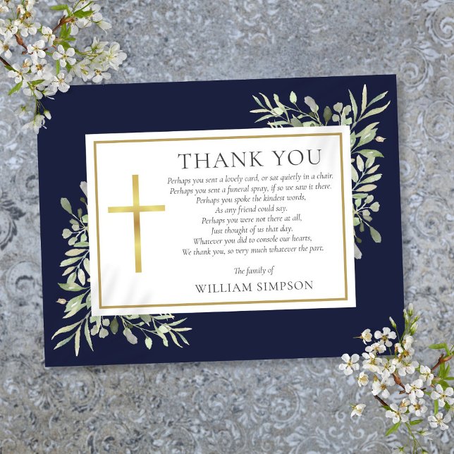 Navy Blue Greenery Christian Funeral Poem Thank You Card (Navy Blue Greenery Christian Funeral Poem Thank You Card)