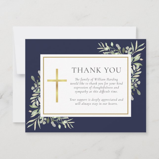 Navy Blue Greenery ChristianFuneral Photo Thank You Card (Front)