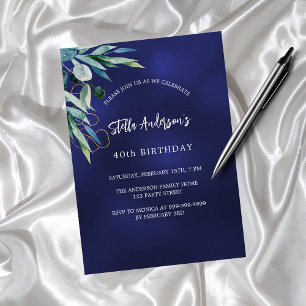 Navy blue greenery elegant birthday invitation postcard