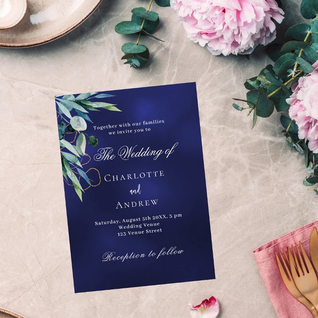Navy blue greenery elegant wedding invitation postcard (Creator Uploaded)